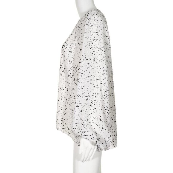 Ellen Tracy Top Womens Large Tunic High Low Keyhole Paint Spattered White Black - Picture 5 of 10